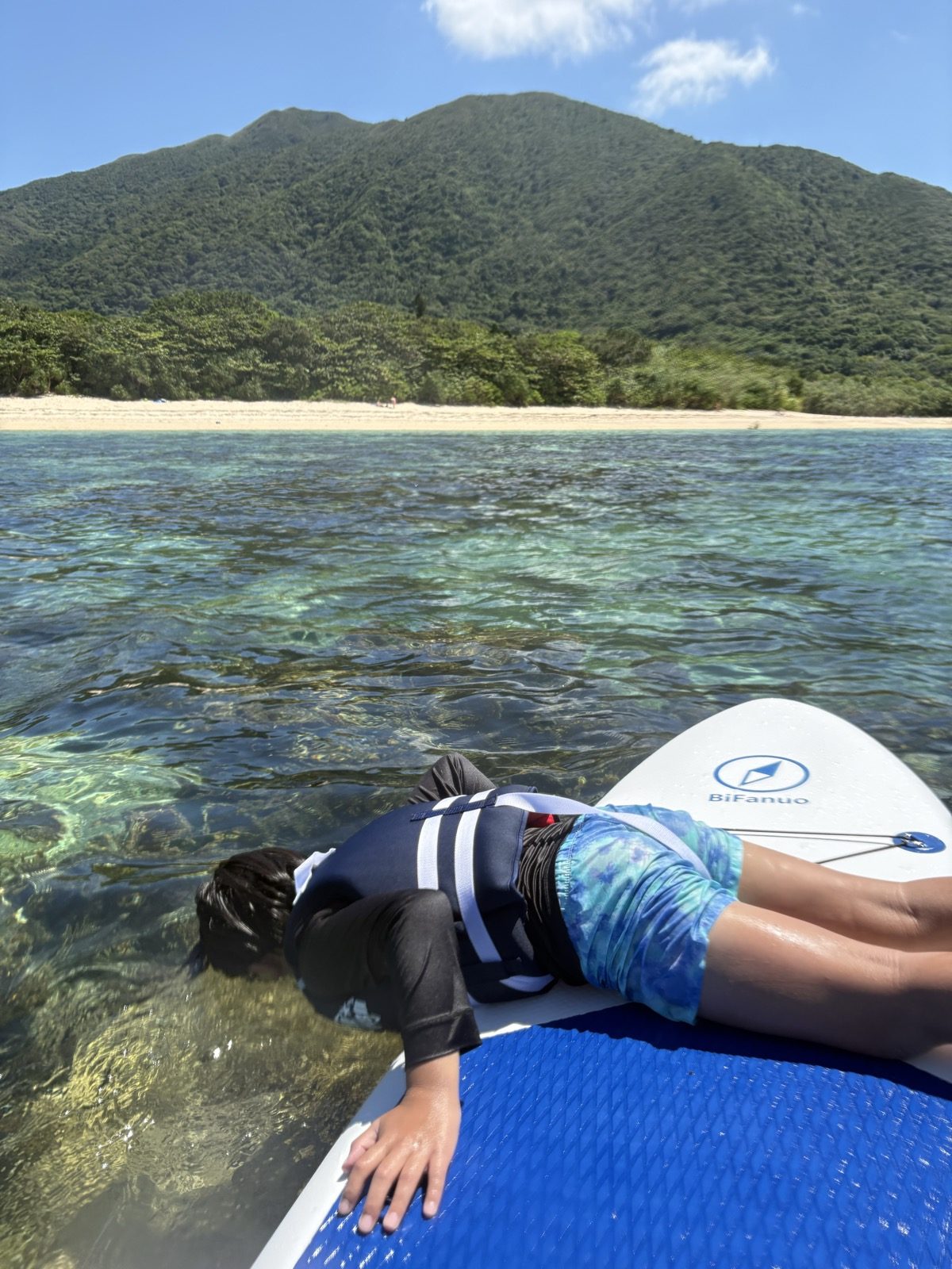 SUPの上から海の中のサンゴをのぞき込む子ども。うしろに米原海岸の砂浜と山が見える